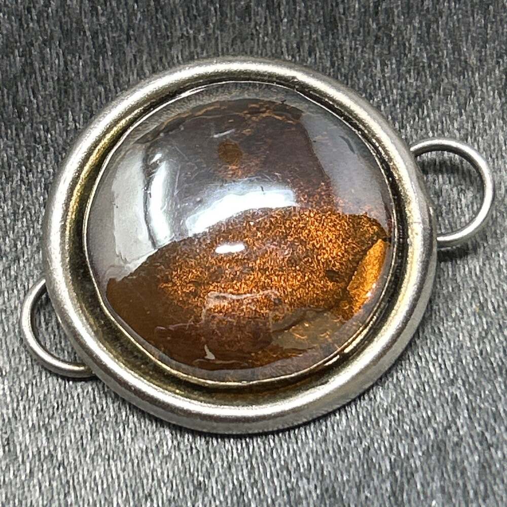 Vintage Cat's Eye Amber Gold Tone Glass Cabochon 2 Loop Metal Connector